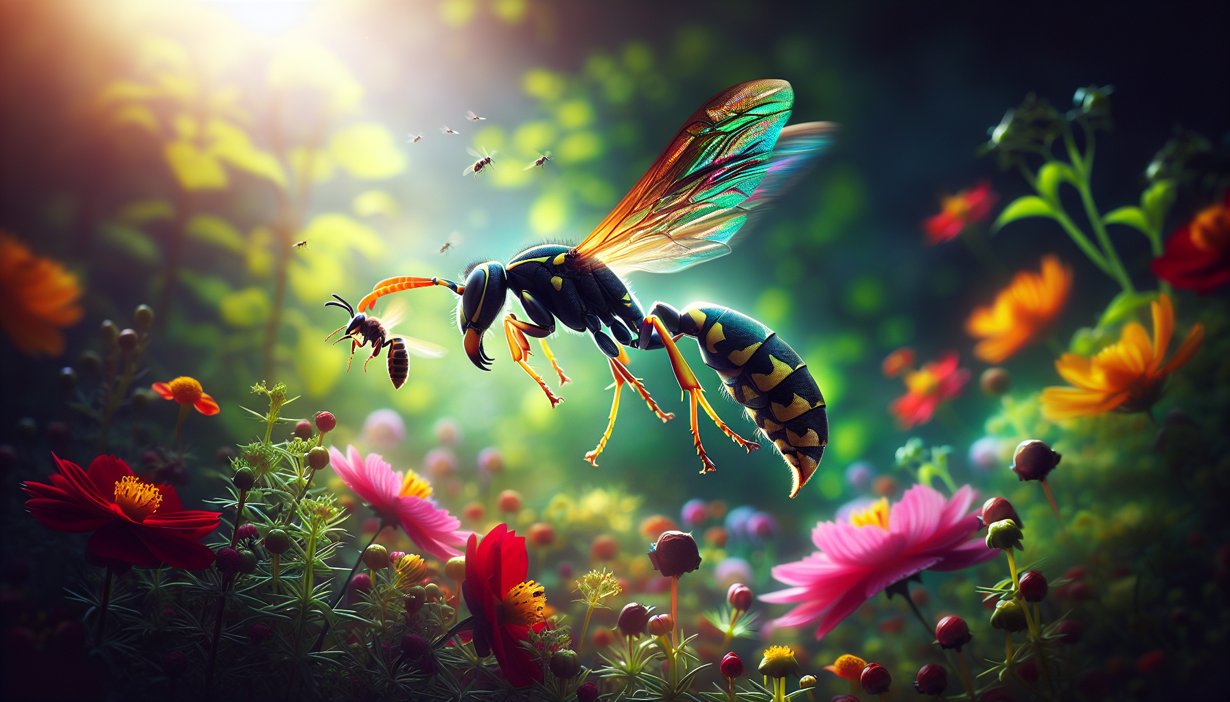 Illustration of a predatory wasp hunting insects in a garden