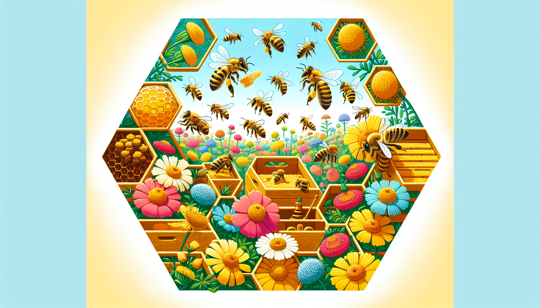 Illustration of bees collecting nectar and transforming it into honey